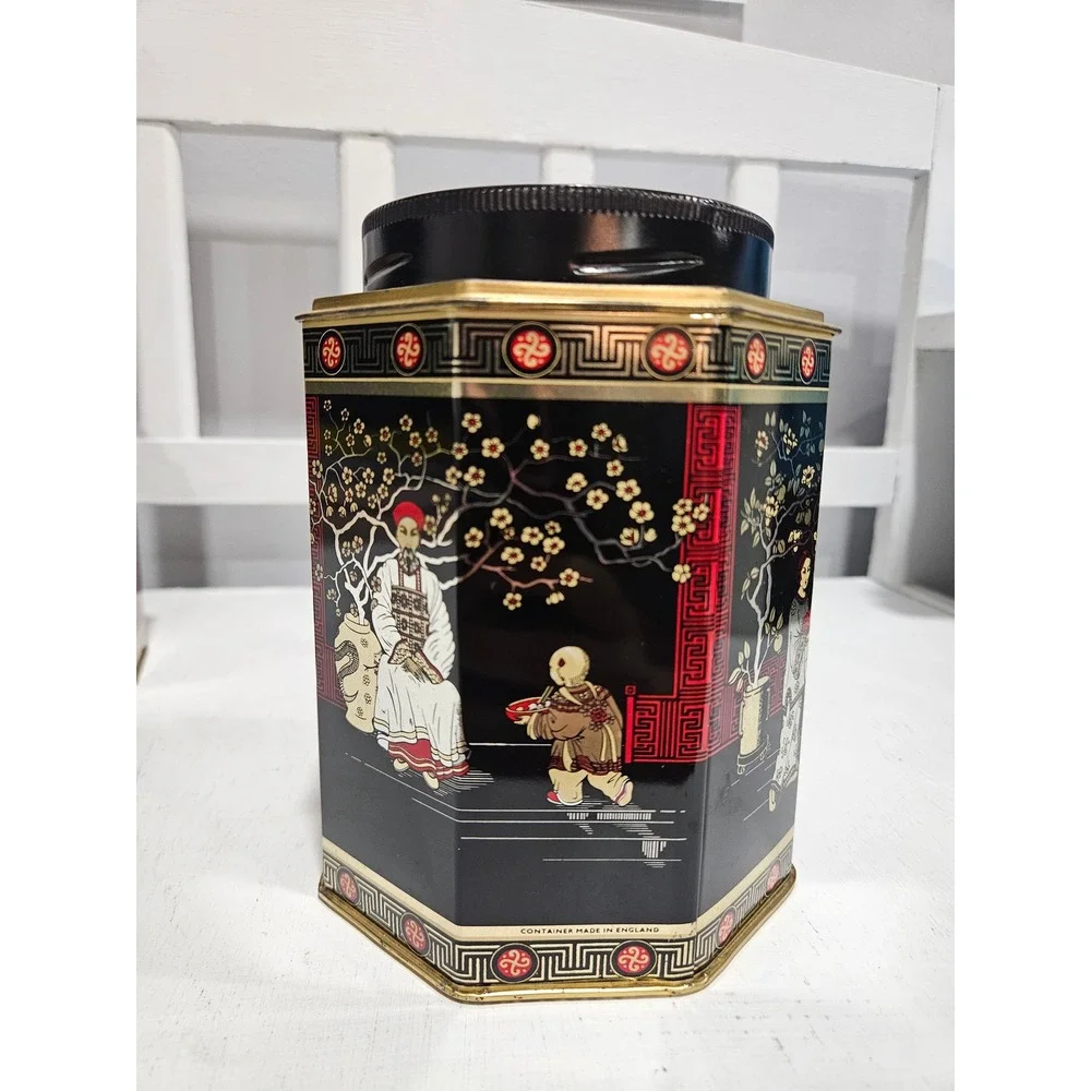 Vtg 1960s Chinoiserie Octagonal Tea Tin Set, Oriental Style Made in England